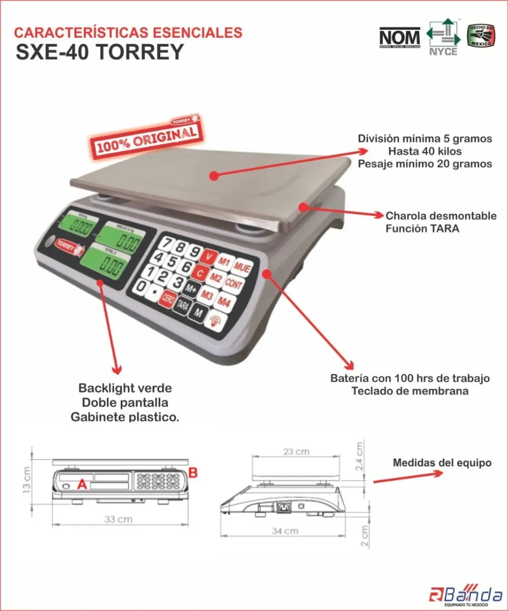 Báscula Digital Torrey SXE-40 40 kg Comercial — Pantalla LCD y teclado con teclas Tara y PLU