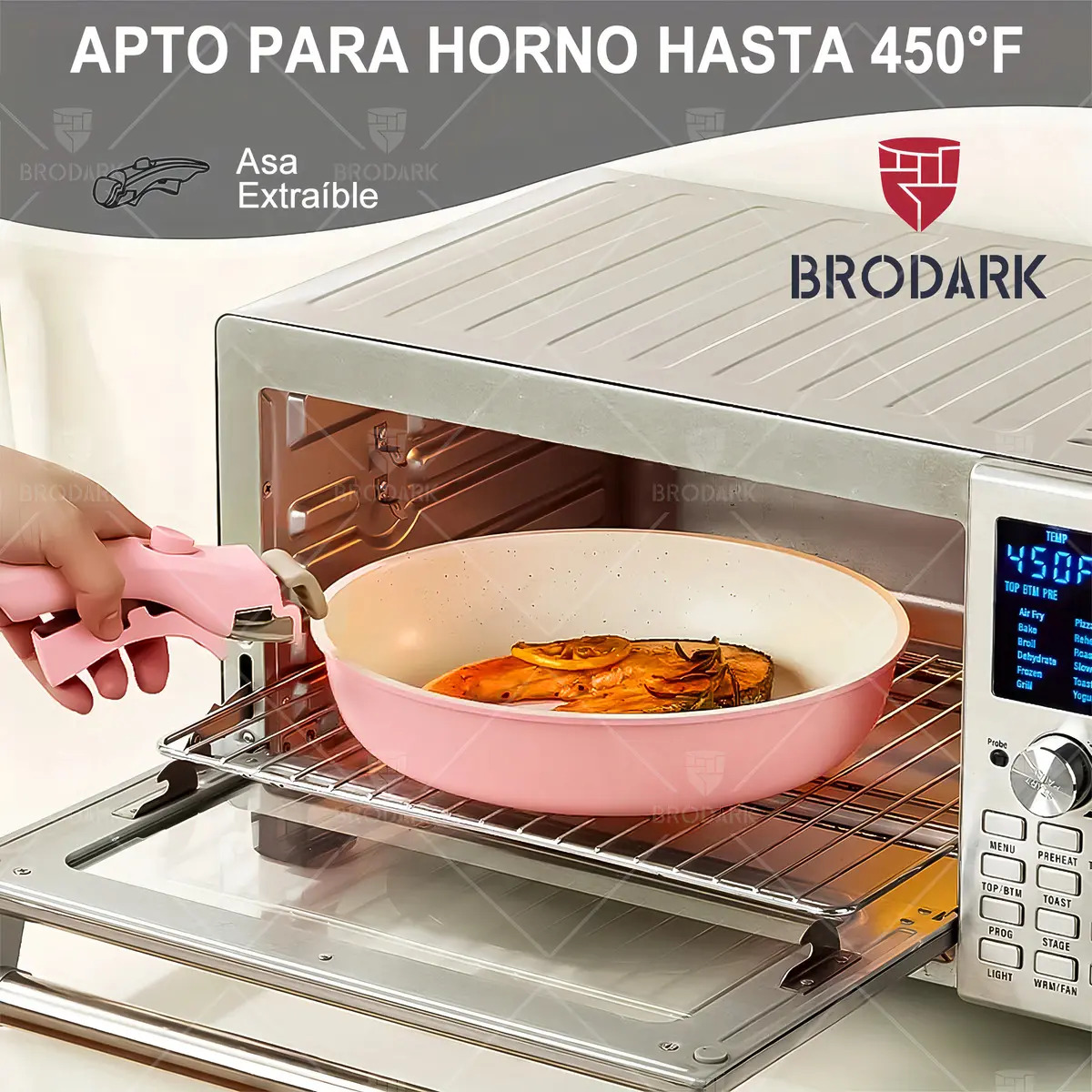 Batería de cocina Brodark 23 piezas cerámica rosa — Conjunto apilado mostrando ahorro de espacio