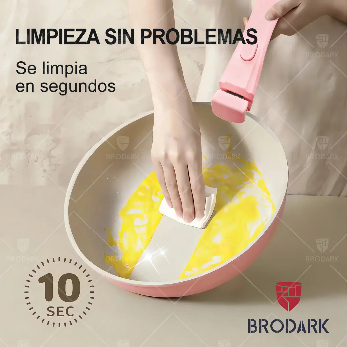 Batería de cocina Brodark 23 piezas cerámica rosa — Detalle del recubrimiento interior y borde de silicona