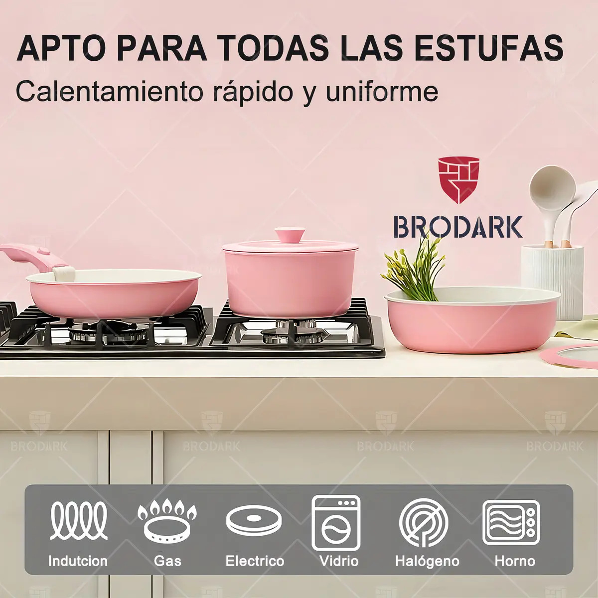 Batería de cocina Brodark 23 piezas cerámica rosa — Utensilios de silicona incluidos y protectores de fieltro