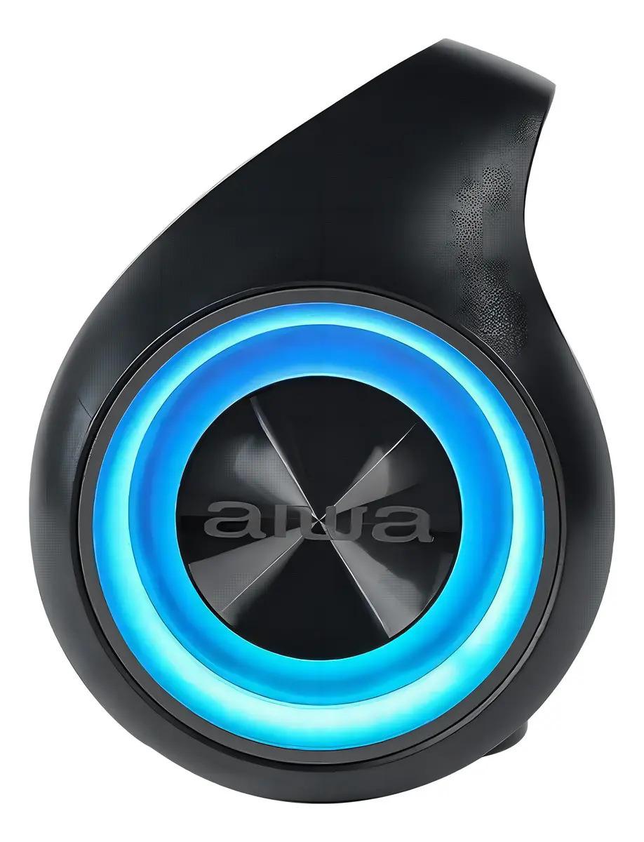 Bocina Aiwa AWS800BT — Vista lateral del cilindro negro con rejilla y luces RGB visibles