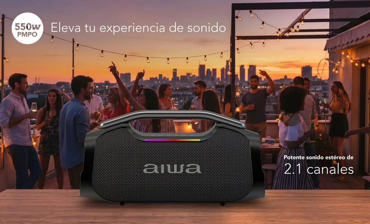 Bocina Portátil Bluetooth Aiwa AWA408 55W — Bocina vista frontal con luces LED activadas