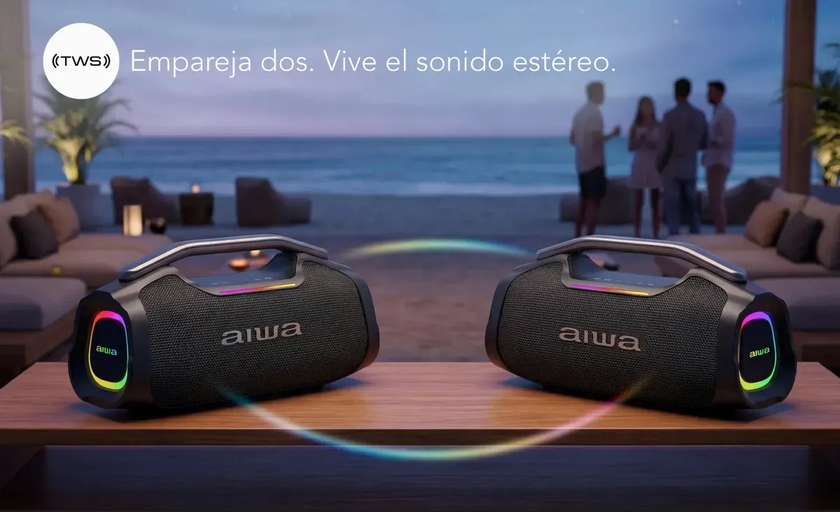 Bocina Portátil Bluetooth Aiwa AWA408 55W — Detalle de la rejilla y controles superiores