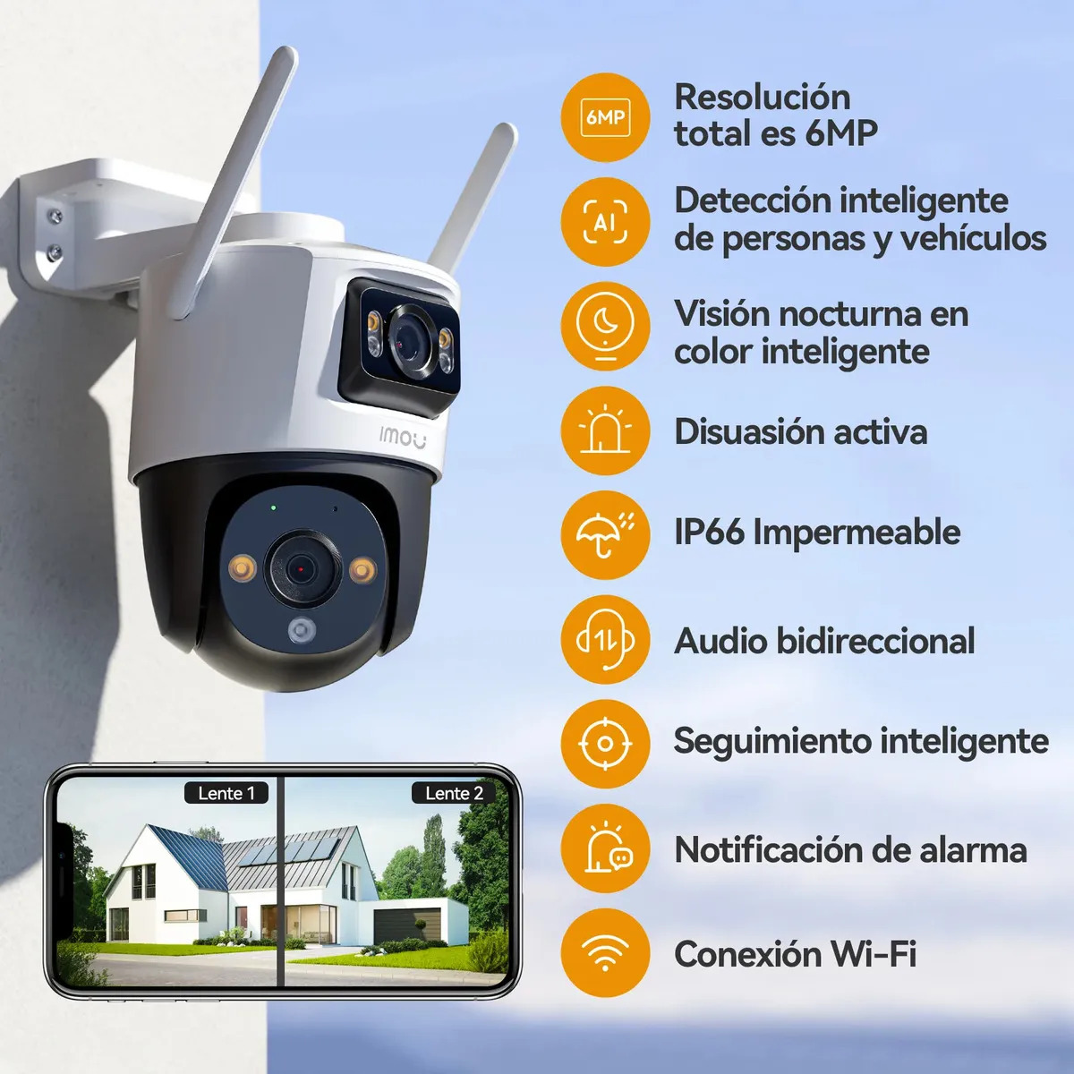 Cámara de seguridad Imou Cruiser Dual 6MP exterior — Vista frontal de la cámara montada en pared