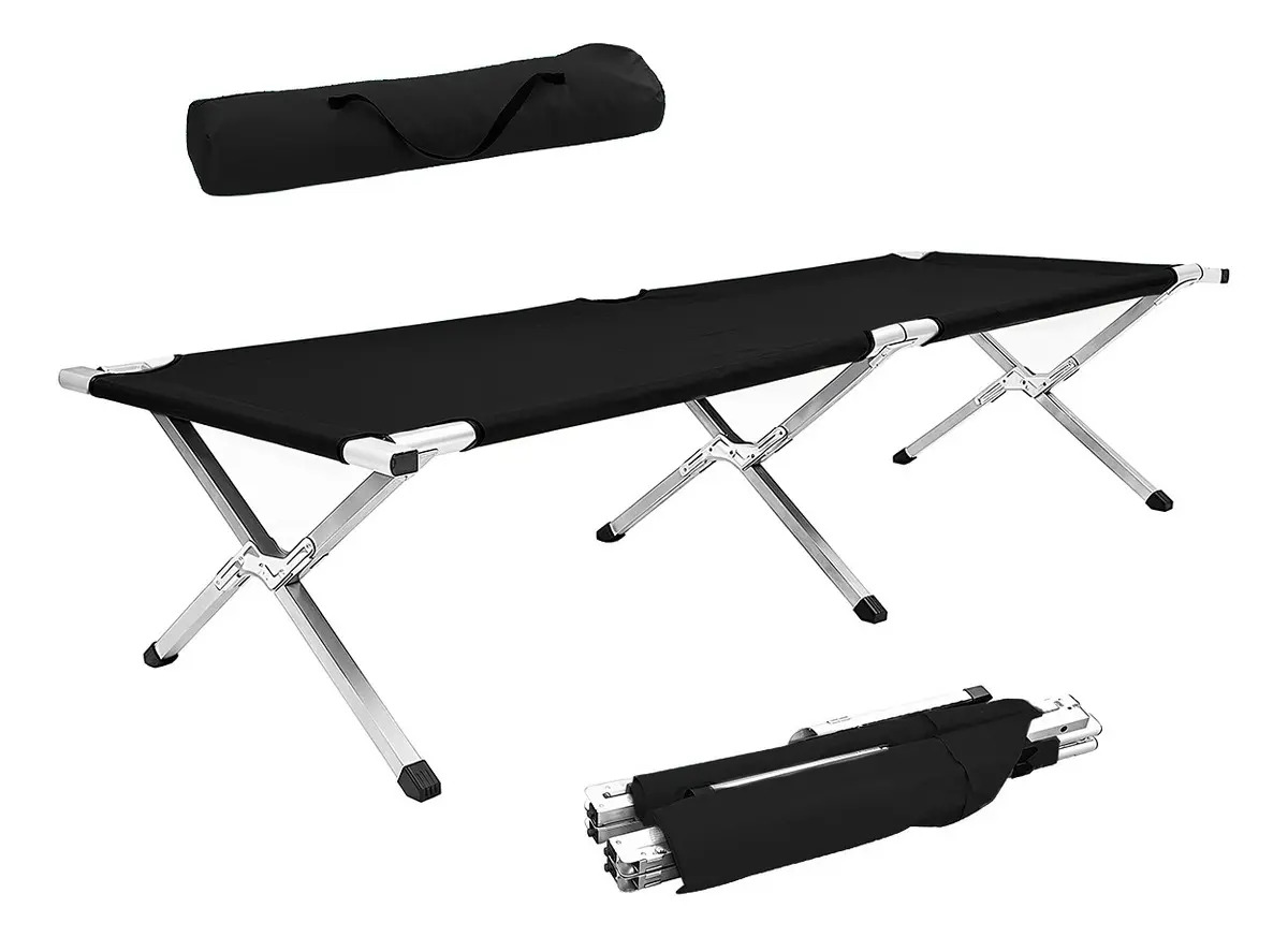Catre plegable para acampar Raganet 150 kg negro — Estructura plegada dentro de la funda de transporte