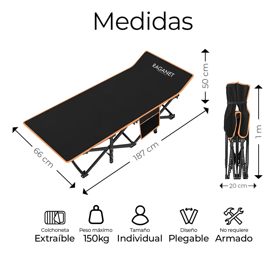 Catre Plegable Raganet DP039 con Colchoneta para Acampar — Vista lateral del catre desplegado mostrando las 10 patas de soporte