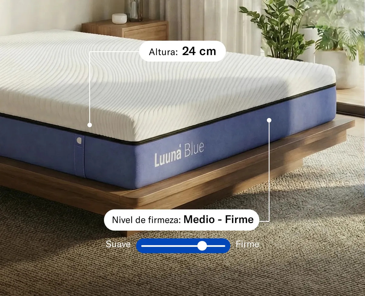 Colchón Luuna Blue Matrimonial Espuma Certificada — Colchón colocado en base alta mostrando proporción