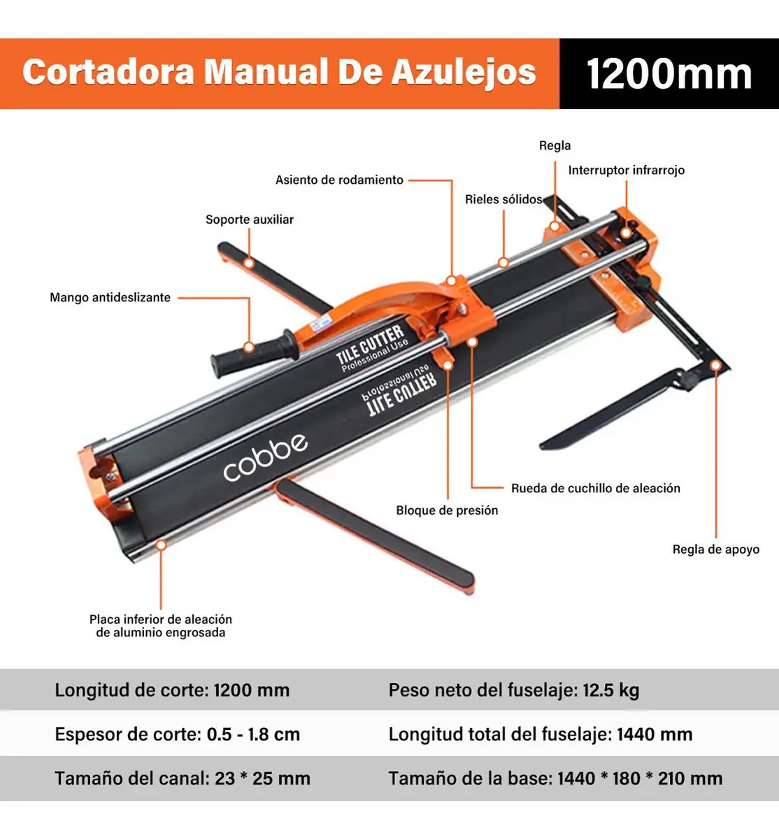 Cortadora de azulejos 120cm Cobbe manual con láser — Guía láser y regla de medición en la base
