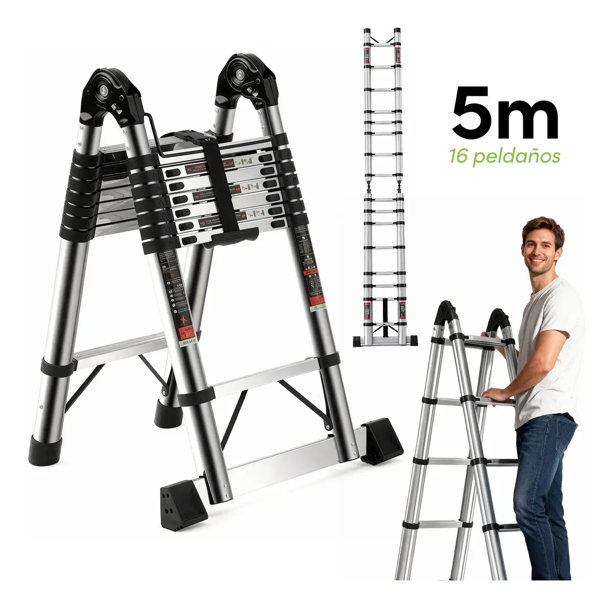 Escalera Telescópica Raganet 5m 16 Peldaños Tijera