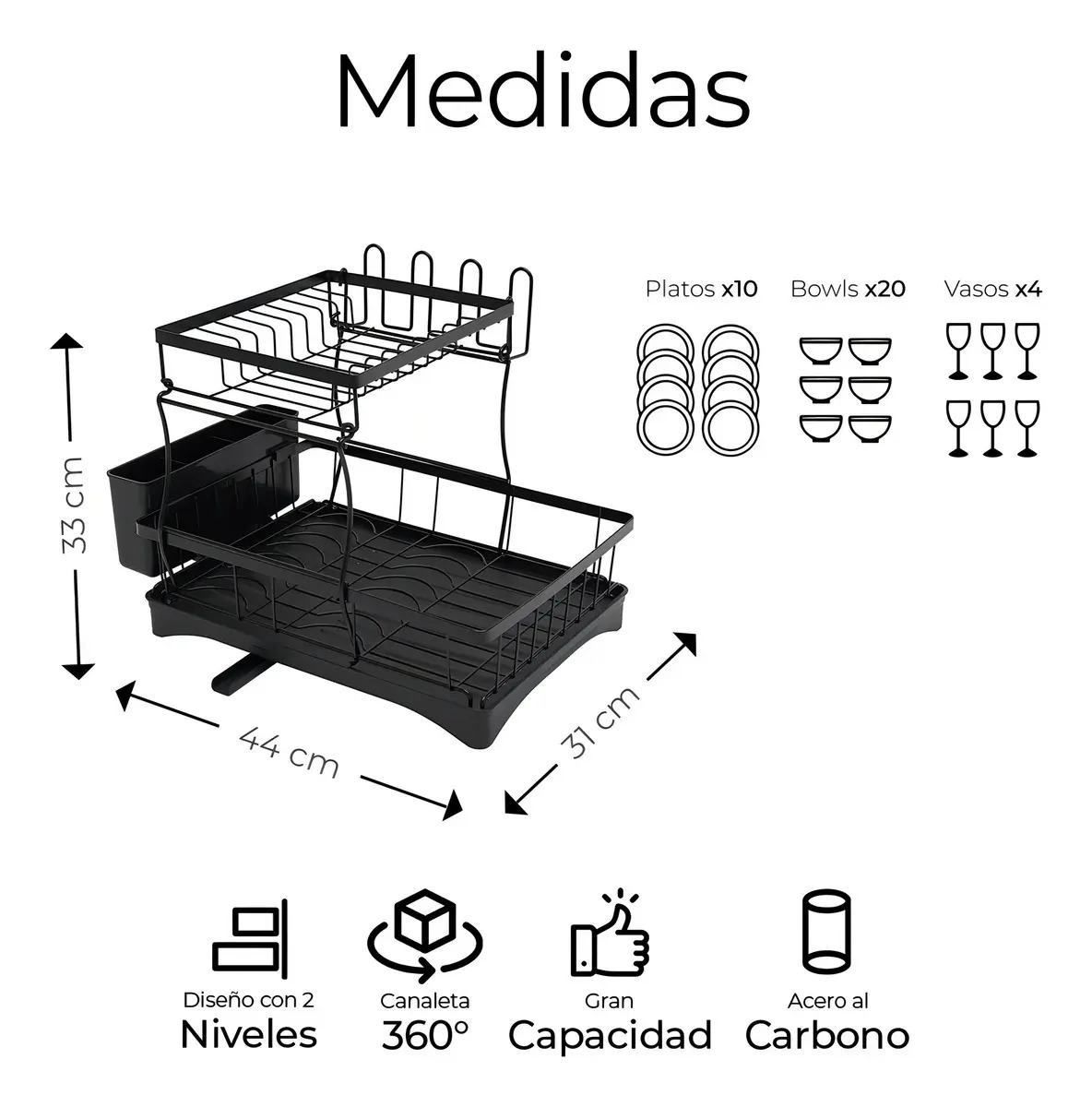 Escurridor de trastes Raganet 2 niveles negro con canaleta — Escurridor de dos niveles con bandeja de drenaje