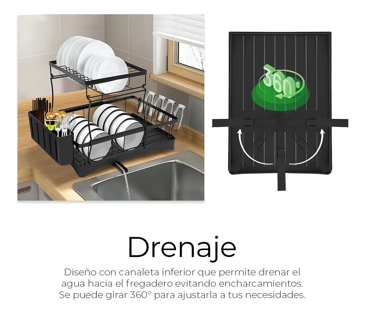 Escurridor de trastes Raganet 2 niveles negro con canaleta — Material metálico y base plástica del escurridor