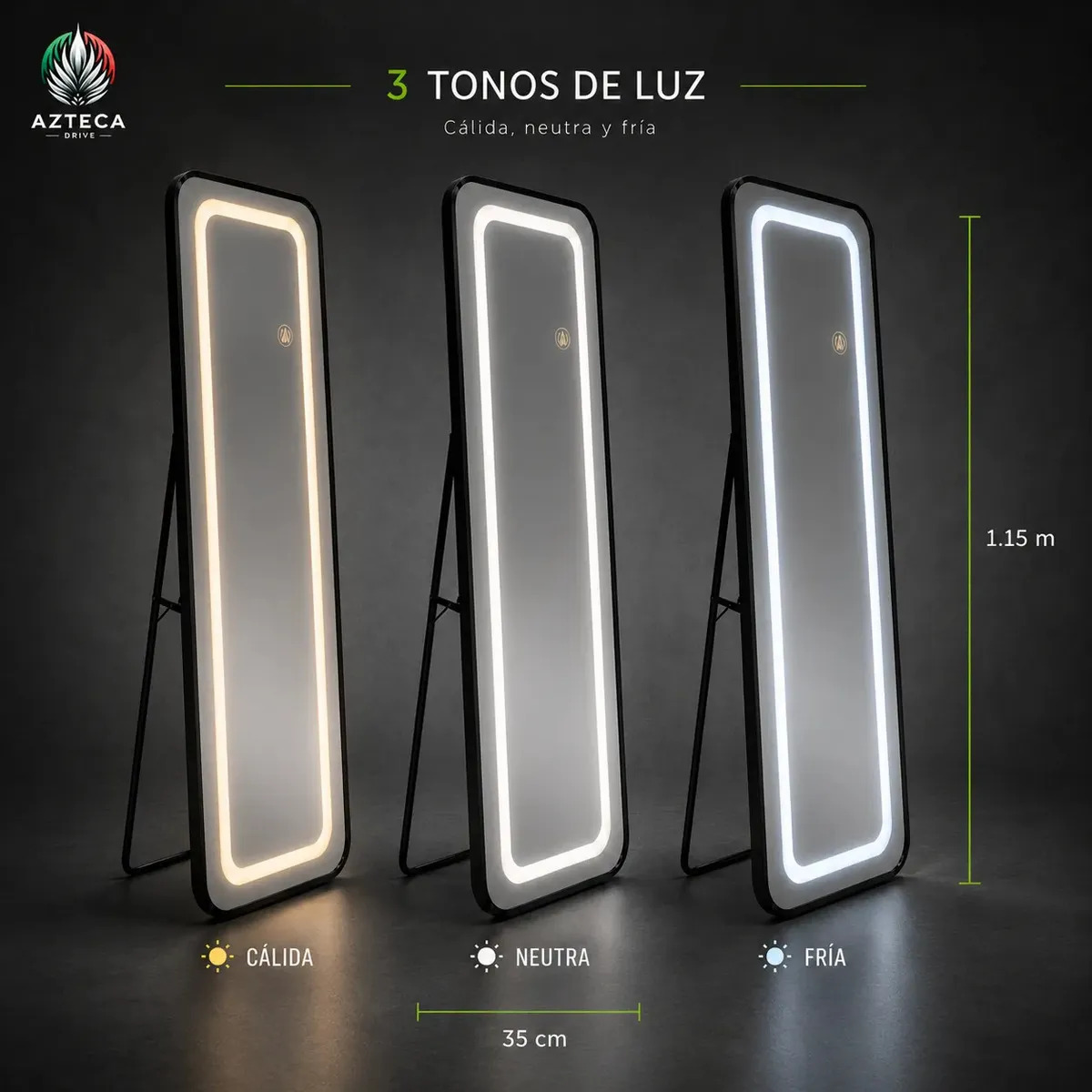 Espejo LED Cuerpo Completo Mazteca Drive 115x35cm — Vista lateral del espejo apoyado en base y encendido en luz neutra