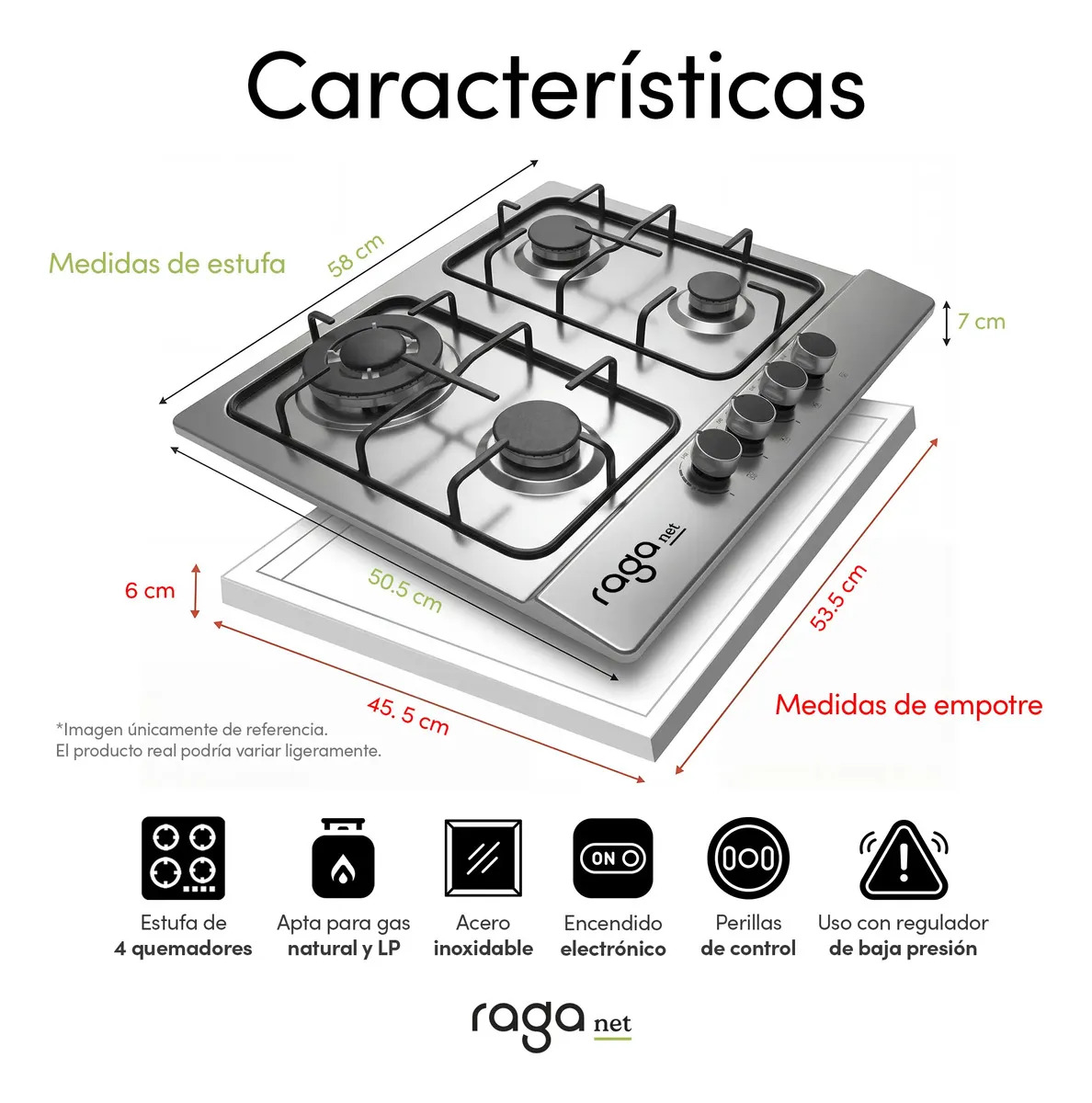 Estufa de gas Raganet 4 quemadores empotrable — Vista superior de los cuatro quemadores y vidrio templado