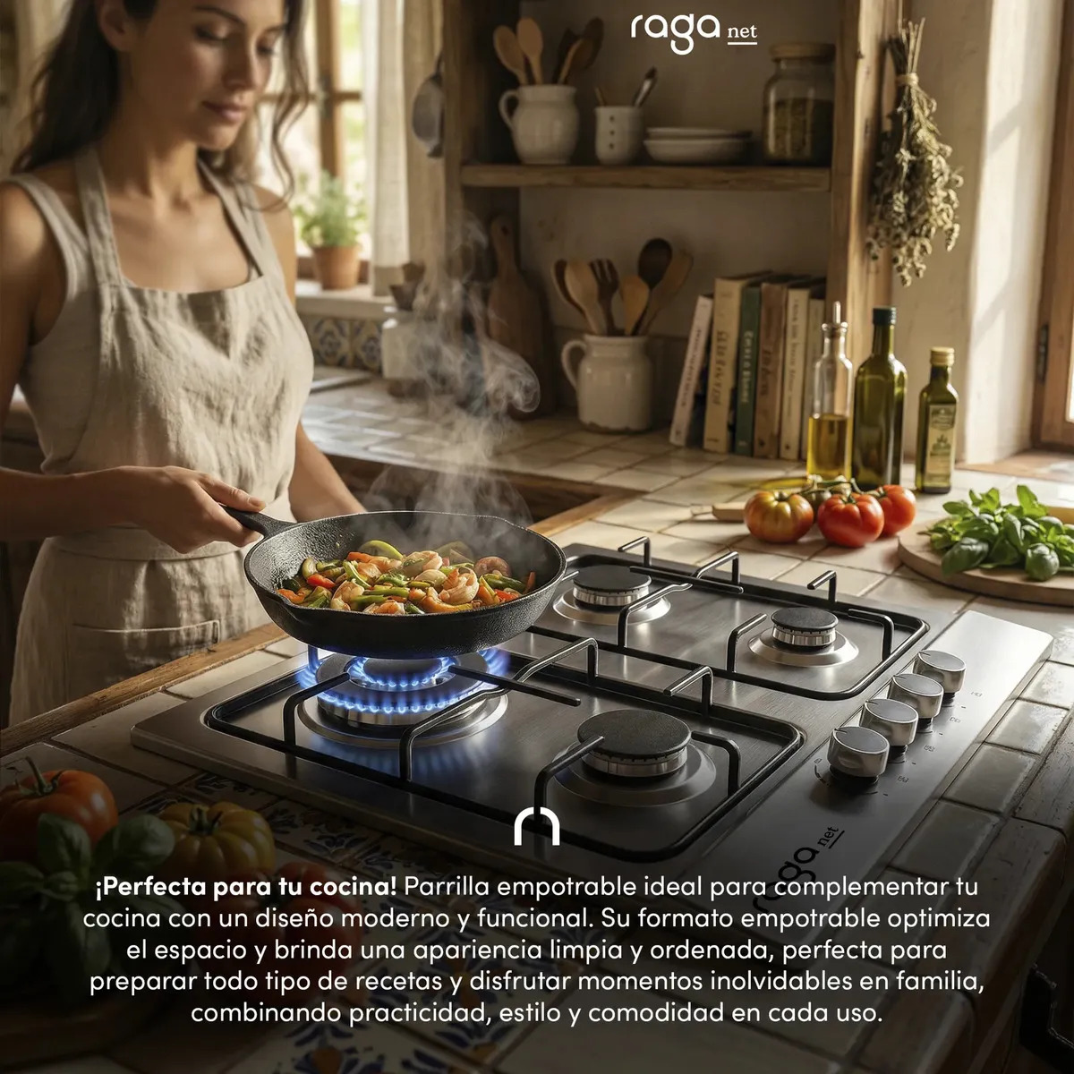 Estufa de gas Raganet 4 quemadores empotrable — Vista lateral del perfil bajo de 11 cm de altura