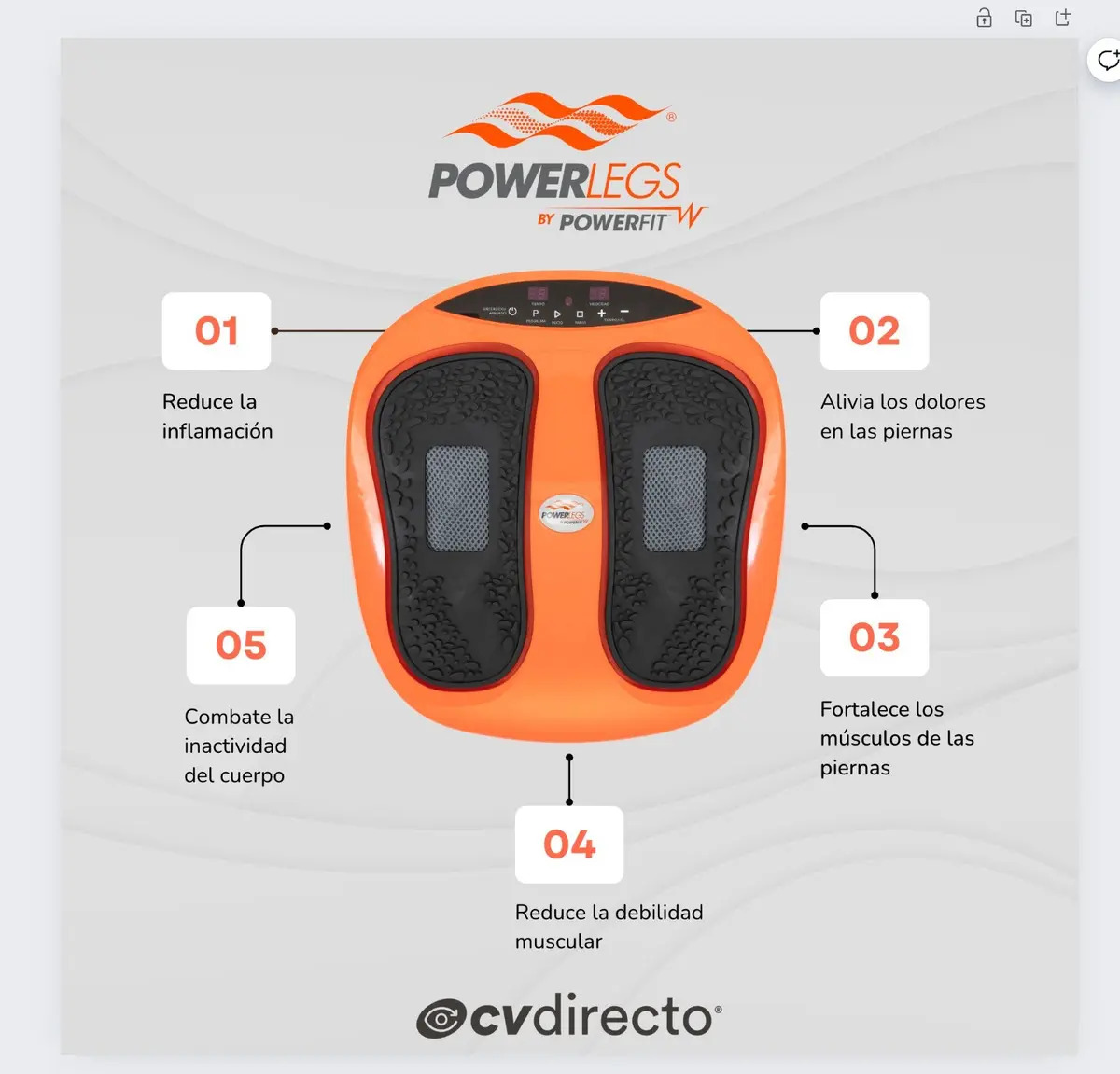 Masajeador de Pies Power Legs con control remoto — Vista del panel de control y rodillo central