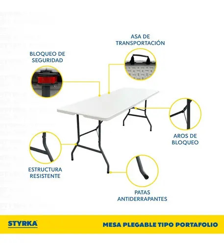 Mesa Plegable Styrka MPTP01 1.80m Blanca — Patas con bloqueo y puntas antiderrapantes