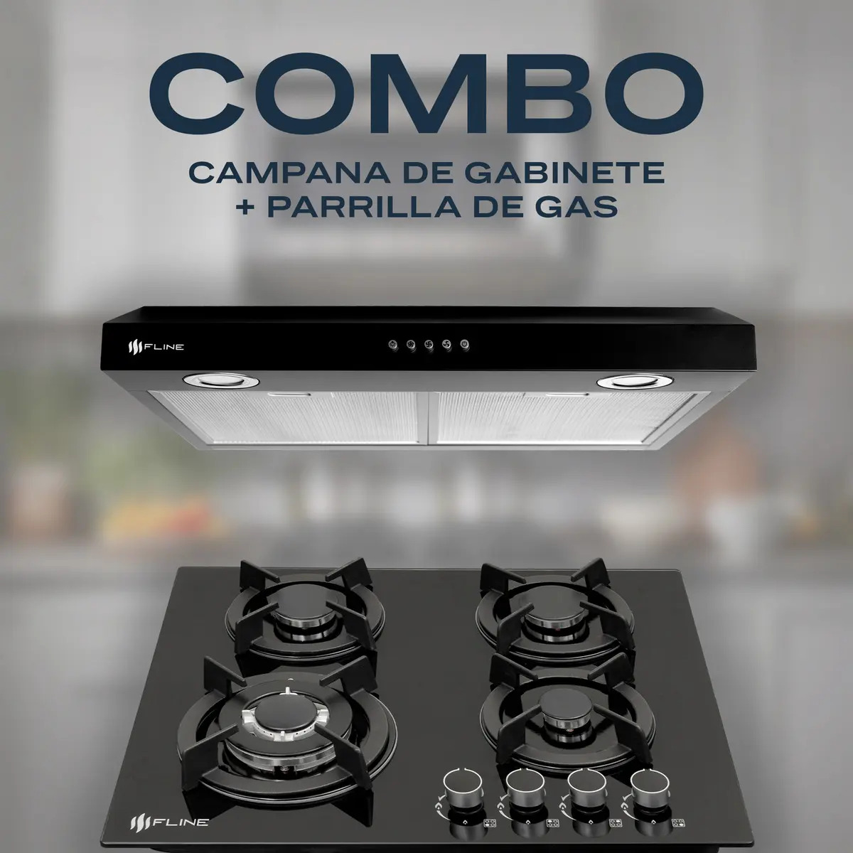 Parrilla de gas 4 quemadores Fline OS4BR60 con campana — Vista superior de los quemadores y superficie de vidrio templado