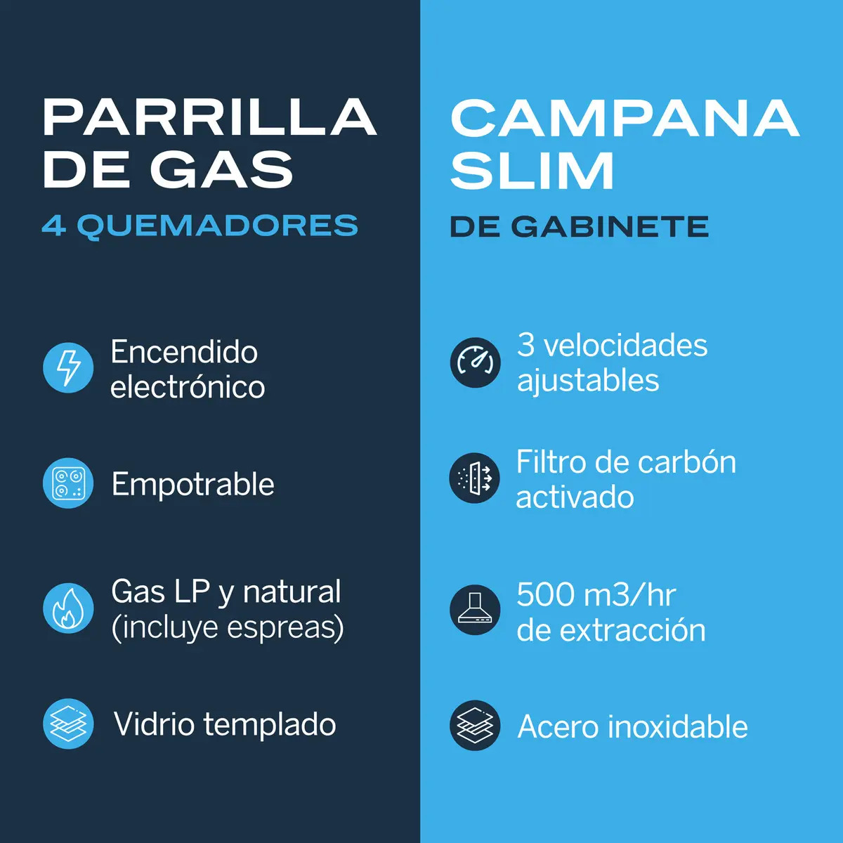 Parrilla de gas 4 quemadores Fline OS4BR60 con campana — Campana Brimnes 60 cm en color negro matte instalada