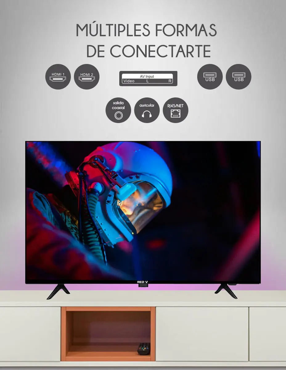 Televisor RedV 32 Pulgadas Smart TV Android — Conexiones HDMI y USB en la parte posterior